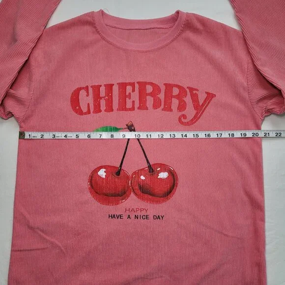 SHEIN Cherry Graphic Long Sleeve Corduroy Top Pink Pullover Drop Shoulder Small - Picture 7 of 8
